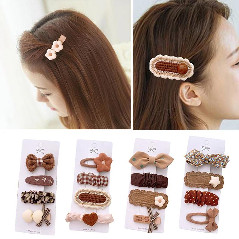 4Pcs/Set Chocolate Color Hair Clips For Girls Hairpins Bowknot Knit Kids Headwear Plaid Dots Printed Barrettes Hair